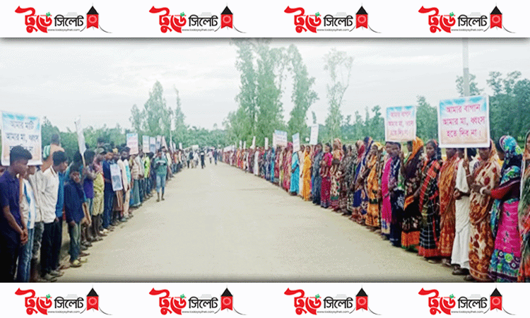 বালু ও পাথর খেকোদের হাত থেকে চা-বাগান রক্ষায় মানববন্ধন