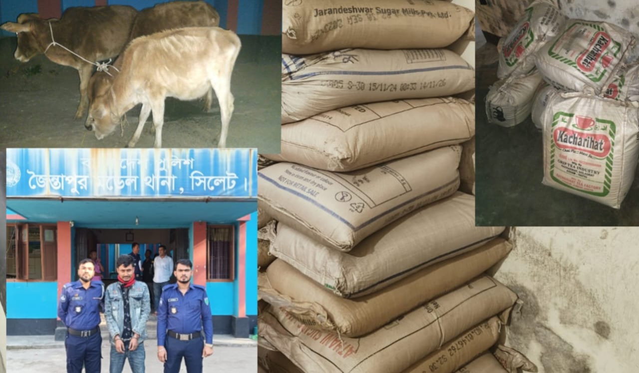জৈন্তাপুরে থানা পুলিশের অভিযানে চিনি, চা-পাতা,গরু সহ আটক-১